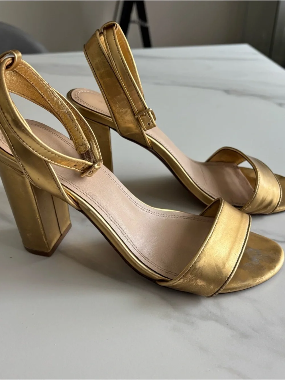 Sandro Metallic Gold Ankle-Strap Block Heel Sandals Sz 37 - Picture 2 of 9